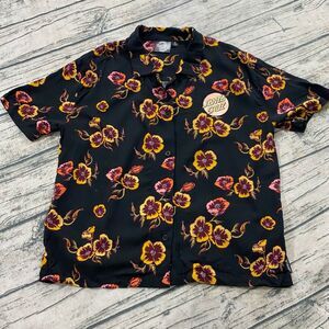 Santa Cruz Skateboard Womens S Button Hawaiian Print‎ AOP Floral Shirt Top Black
